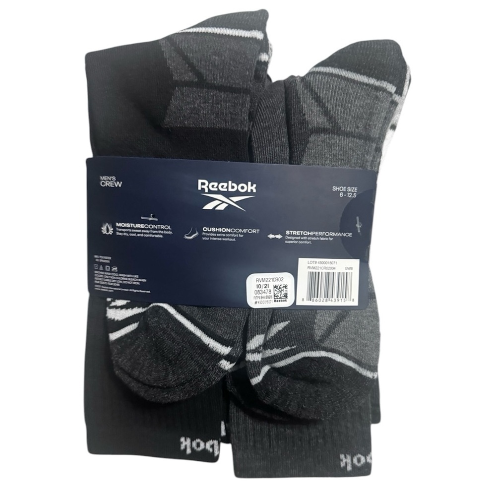 Reebok High Crew Socks - 5Pk Blk, Gray, White Performance Training Size 6-12